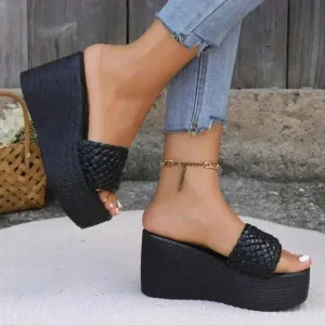Women's Weave Striped Checkered Slip-On High-Heeled Sandals, Peep Toe Black