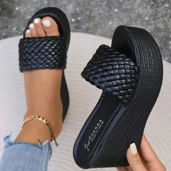 Women's Weave Striped Checkered Slip-On High-Heeled Sandals, Peep Toe Black