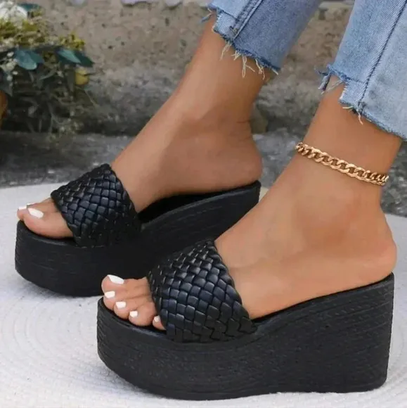 Women's Weave Striped Checkered Slip-On High-Heeled Sandals, Peep Toe Black