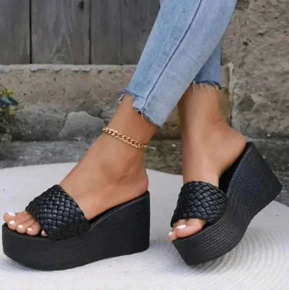 Women's Weave Striped Checkered Slip-On High-Heeled Sandals, Peep Toe Black