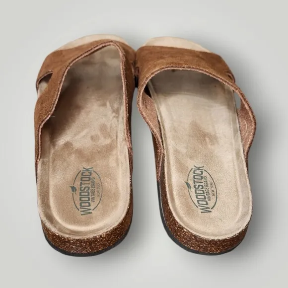 Wood Stock Men's Bert slide Vintage Brand NY Leather Slip on Sandals Brown 11
