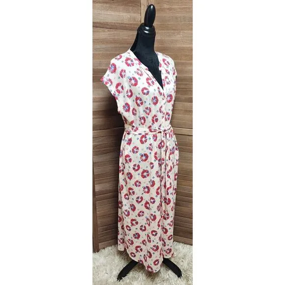 XIRENA SAMANTHA DRESS SPARKS Size Medium Pink Short Sleeve Midi Tie Shirtdress