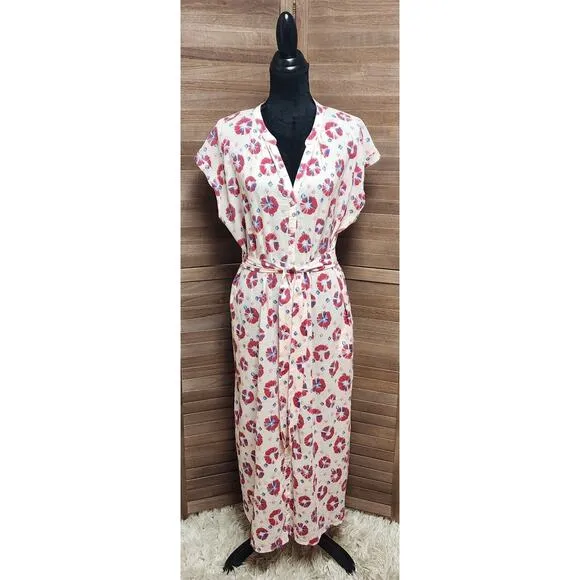 XIRENA SAMANTHA DRESS SPARKS Size Medium Pink Short Sleeve Midi Tie Shirtdress