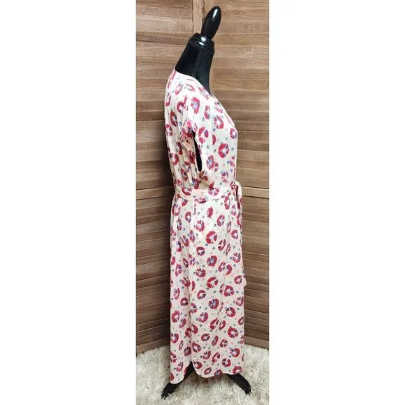 XIRENA SAMANTHA DRESS SPARKS Size Medium Pink Short Sleeve Midi Tie Shirtdress