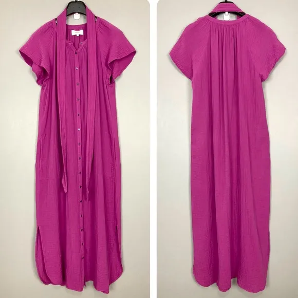 Xirena Savana Cotton Maxi Dress Women’s Size XL Gauzy Pockets Side Slit Hem Belt