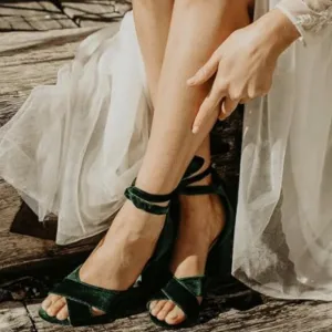 XYD Women Velvet Block Heel Dress Sandals Open Toe Ankle Strap Tie-up Pump Green