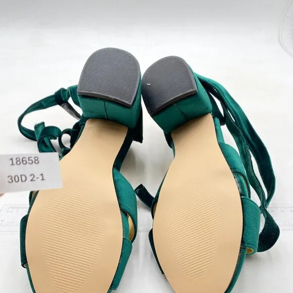 XYD Women Velvet Block Heel Dress Sandals Open Toe Ankle Strap Tie-up Pump Green