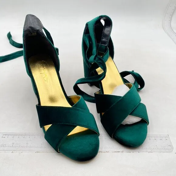 XYD Women Velvet Block Heel Dress Sandals Open Toe Ankle Strap Tie-up Pump Green