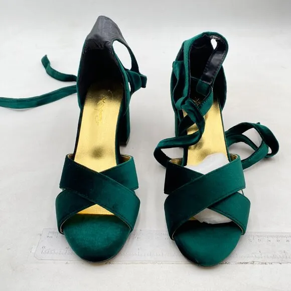XYD Women Velvet Block Heel Dress Sandals Open Toe Ankle Strap Tie-up Pump Green