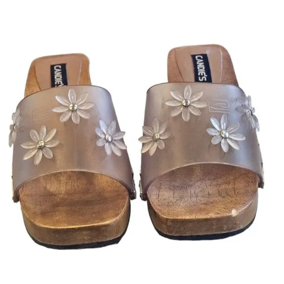 Y2K CANDIES Sandals Wooden Clogs Clear Floral Applique Chunky Heel Size 6