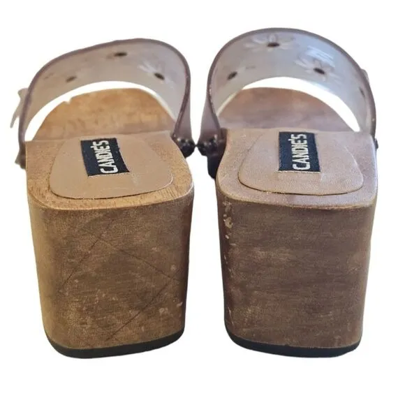 Y2K CANDIES Sandals Wooden Clogs Clear Floral Applique Chunky Heel Size 6