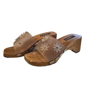 Y2K CANDIES Sandals Wooden Clogs Clear Floral Applique Chunky Heel Size 6