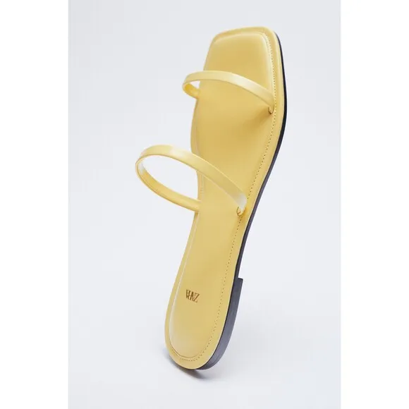 Yellow Zara Leather Square Toe Slip-On Slides Sandals (NWT)