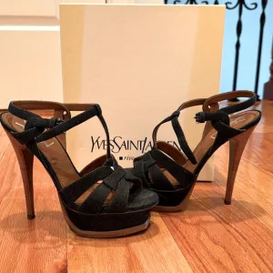 YSL Tribute high heels dark denim sandals .So,ladies summer around the corner.
