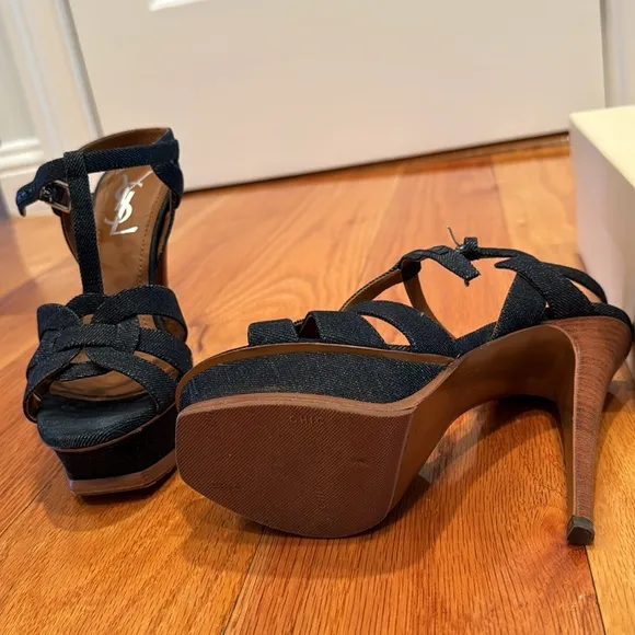 YSL Tribute high heels dark denim sandals .So,ladies summer around the corner.