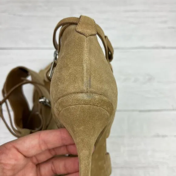 YSL Yves Saint Laurent Fatale 95 Sandals 4in heel Size 38 EU/ 8 US Tan Suede