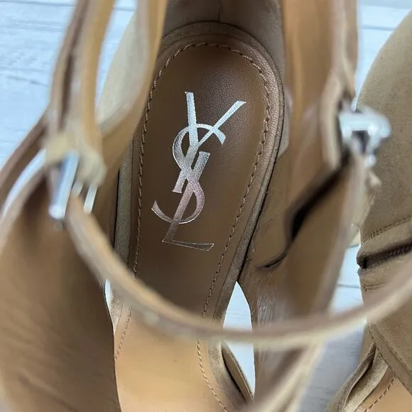 YSL Yves Saint Laurent Fatale 95 Sandals 4in heel Size 38 EU/ 8 US Tan Suede