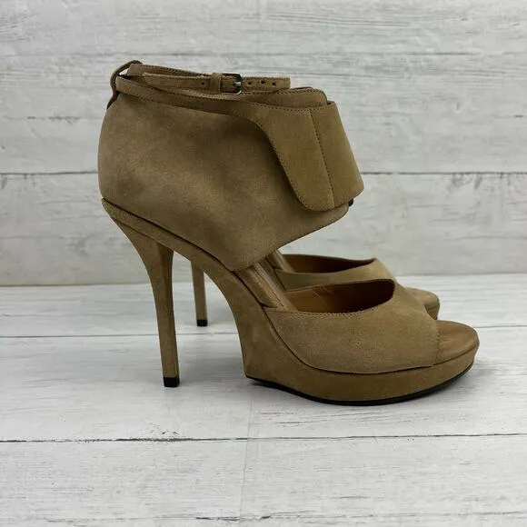 YSL Yves Saint Laurent Fatale 95 Sandals 4in heel Size 38 EU/ 8 US Tan Suede