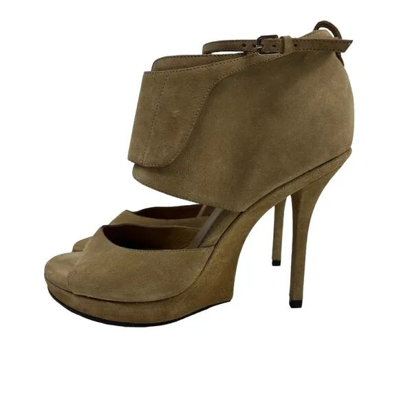 YSL Yves Saint Laurent Fatale 95 Sandals 4in heel Size 38 EU/ 8 US Tan Suede