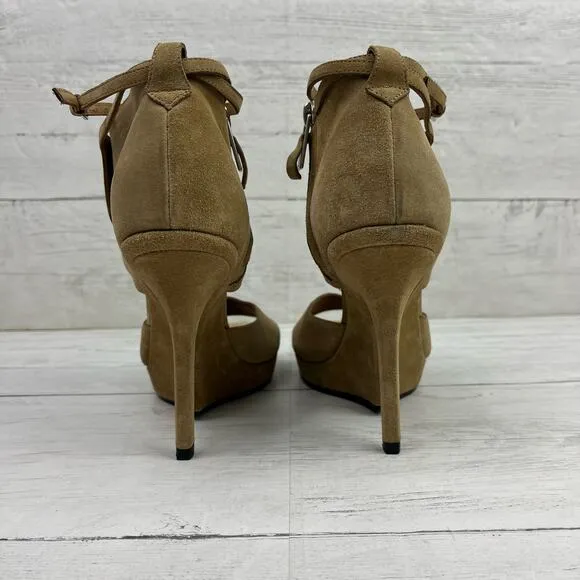 YSL Yves Saint Laurent Fatale 95 Sandals 4in heel Size 38 EU/ 8 US Tan Suede