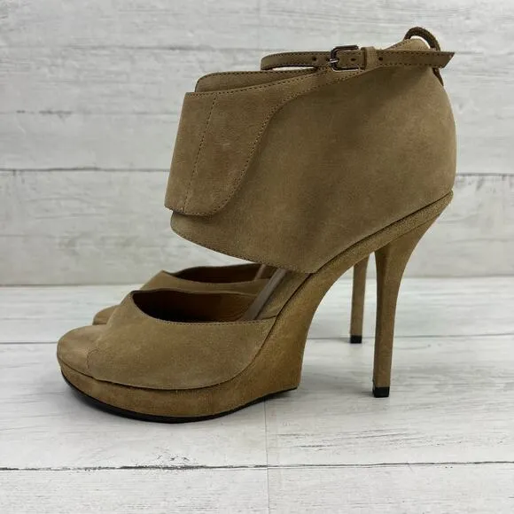 YSL Yves Saint Laurent Fatale 95 Sandals 4in heel Size 38 EU/ 8 US Tan Suede