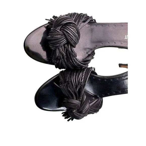Yves Saint Laurent Black Leather Sandals With Knotted Rive Gauche Design- LT3291