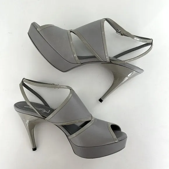 Yves Saint Laurent Grey Leather Platform Sandals w/ Patent Leather Trim