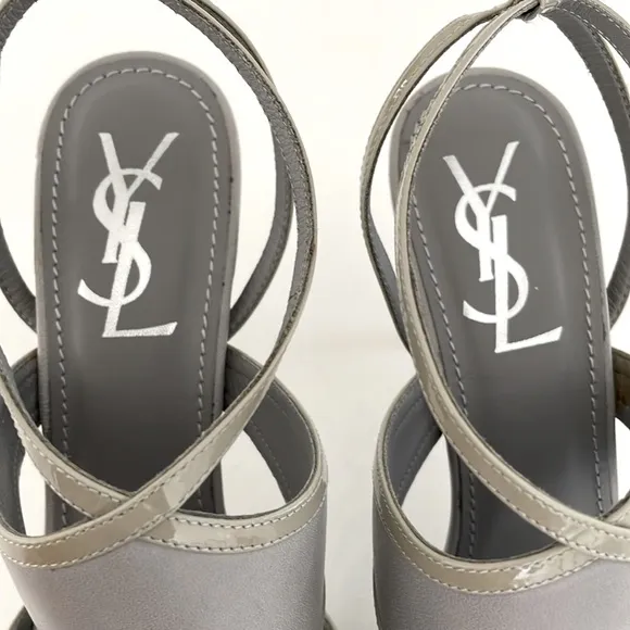 Yves Saint Laurent Grey Leather Platform Sandals w/ Patent Leather Trim