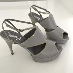 Yves Saint Laurent Grey Leather Platform Sandals w/ Patent Leather Trim