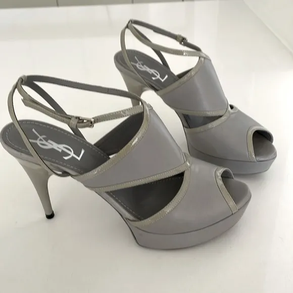 Yves Saint Laurent Grey Leather Platform Sandals w/ Patent Leather Trim