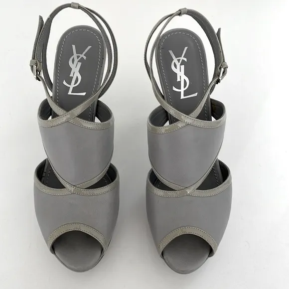 Yves Saint Laurent Grey Leather Platform Sandals w/ Patent Leather Trim