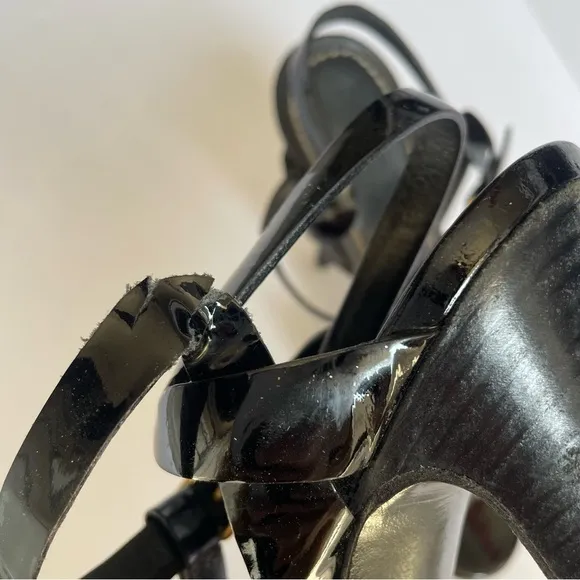 Yves Saint Laurent Tribute Black Patent Leather Platform Sandals Heels Size 37.5