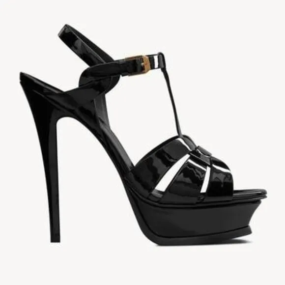 Yves Saint Laurent Tribute Black Patent Leather Platform Sandals Heels Size 37.5