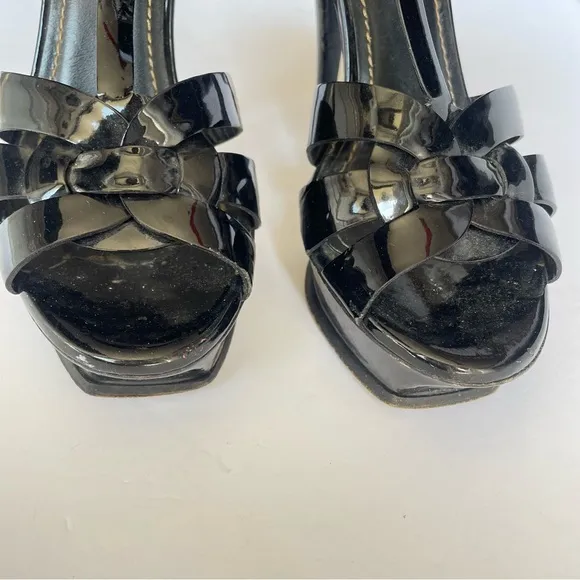 Yves Saint Laurent Tribute Black Patent Leather Platform Sandals Heels Size 37.5