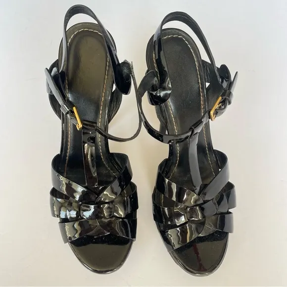 Yves Saint Laurent Tribute Black Patent Leather Platform Sandals Heels Size 37.5