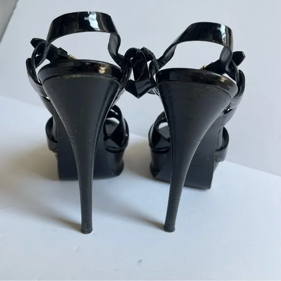 Yves Saint Laurent Tribute Black Patent Leather Platform Sandals Heels Size 37.5