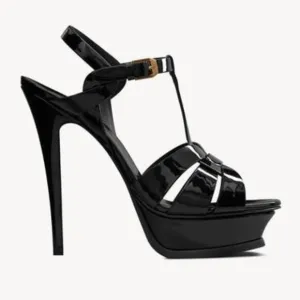Yves Saint Laurent Tribute Black Patent Leather Platform Sandals Heels Size 37.5