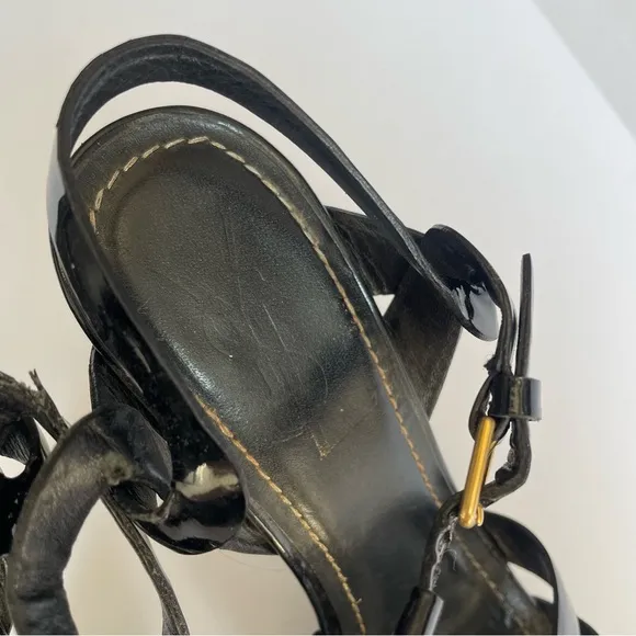 Yves Saint Laurent Tribute Black Patent Leather Platform Sandals Heels Size 37.5