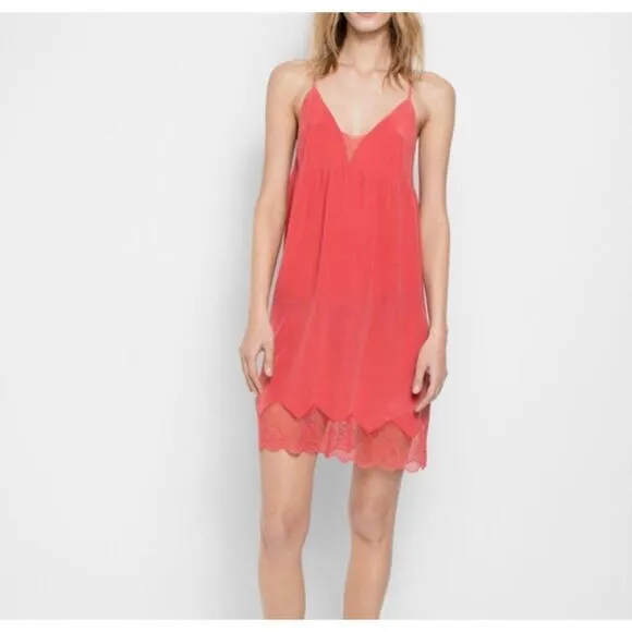 Zadig &amp; Voltaire Coralie Lace Slip Camisole 100% Silk Dress in Pink Size Medium