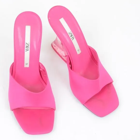 Zara Barbie Pink Clear Heels Slides Slip On Open Toe Sandals Women's 6