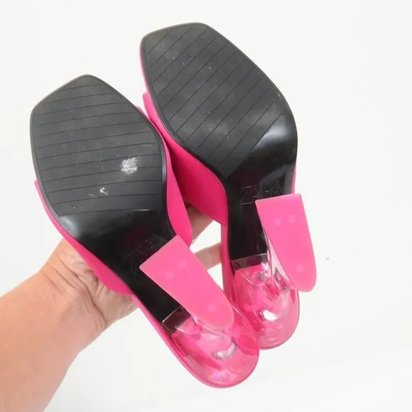Zara Barbie Pink Clear Heels Slides Slip On Open Toe Sandals Women's 6