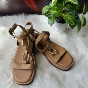 Zara Embellished Leather  Flatform Sandal Beige Size 7.5