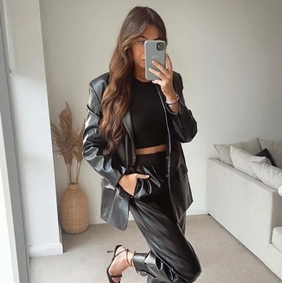Zara Faux Leather Blazer Black Size XXL