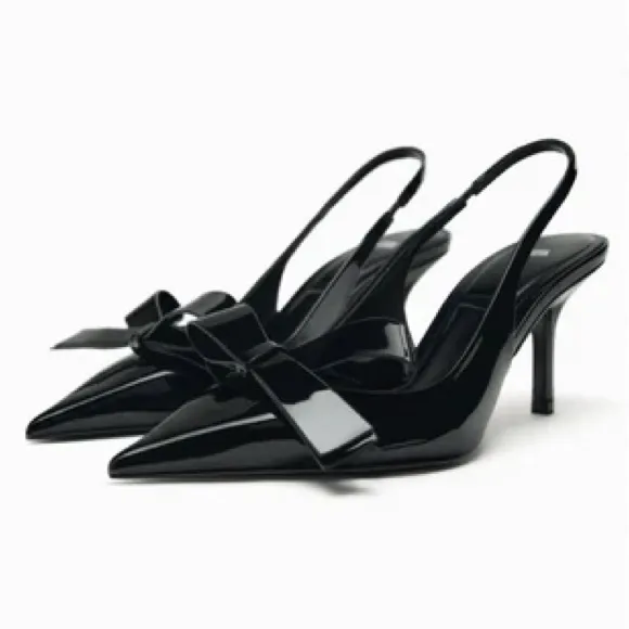 Zara NWT bow black patent faux leather black slingback kitten heels (sz 37)