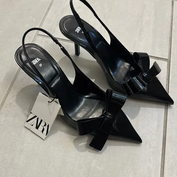 Zara NWT bow black patent faux leather black slingback kitten heels (sz 37)