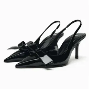 Zara NWT bow black patent faux leather black slingback kitten heels (sz 37)
