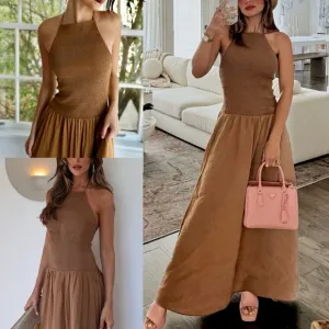 Zara NWT brown smocked halter neck ruched stretchy contrasting midi dress