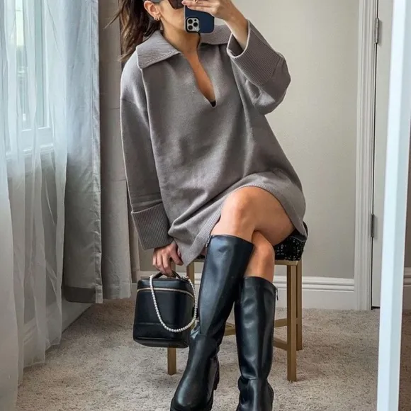 Zara NWT gray/brown Oversized Knit Polo CollarSweater Cardigan pullover
