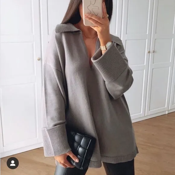 Zara NWT gray/brown Oversized Knit Polo CollarSweater Cardigan pullover