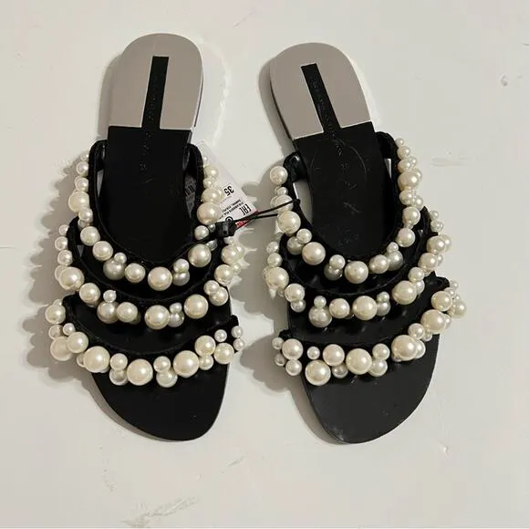 Zara Pearly Pearl Strapy Black Velvet Flat Sandals Size 5